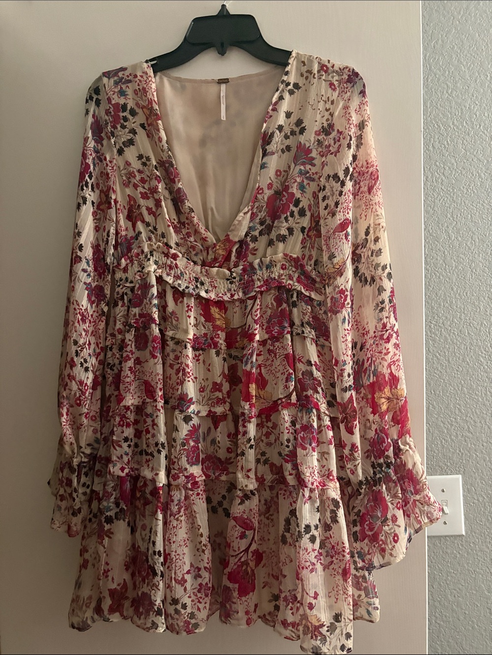 Free People Cream Floral Tiered Long Sleeve Dress